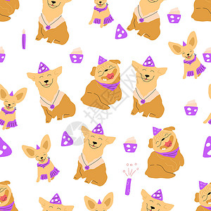 秋田犬围巾无缝模式与有趣的狗庆祝他们的生日设计图片