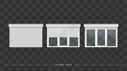 快门白色矢量逼真的一组特写和打开的门或窗滚轮 玻璃门或带卷帘的高窗 白色金属百叶窗插画