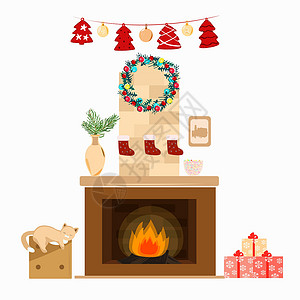带猫装饰和礼物的圣诞壁炉背景图片