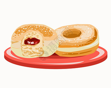 两个甜甜圈两个带馅料的甜甜圈放在盘子上插画