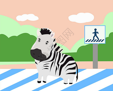 斑马在卡通风格的斑马上过马路背景图片