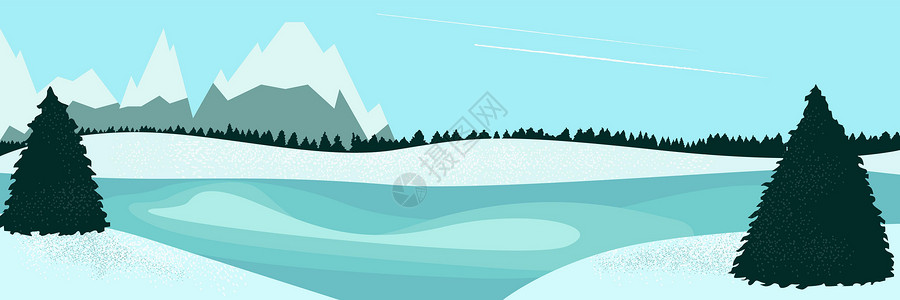 风景冬天湖和杉树森林天空插图蓝色背景图片