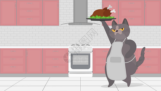可爱视频素材滑稽的猫拿着一只炸火鸡 一只表情滑稽的猫拿着一只炸鸡 烹饪博客或视频博客的概念 向量明信片插图女士食物绘画情绪厨师褐色小猫父亲插画