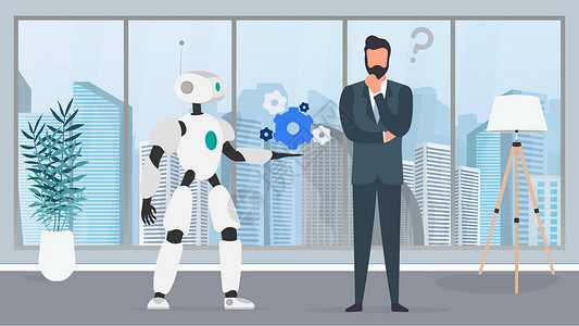 投资聊天素材机器人提供了一个解决方案 有问题的商务人士 人和机器人团队合作的概念 向量电子人营销帮助战略商业工作人工智能电脑科学机器设计图片