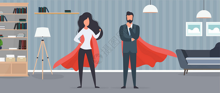 女主角穿着红色雨衣的女孩和男孩 女人和男人的超级英雄 成功人士企业或家庭的概念 向量员工职业权利工作领导商务飞行商界主角商业设计图片