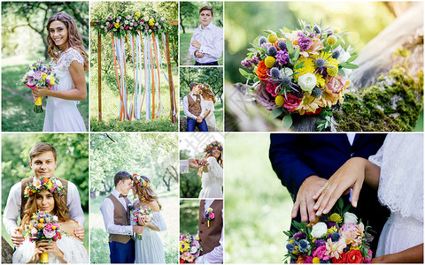 婚礼拼贴  美丽的婚嫁户外 喜庆的时尚花朵装饰树木风格剪辑花束绿色木头婚姻新娘背景图片