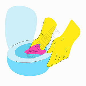 开着的水龙头冲洗戴着黄色手套的手正用抹布擦拭马桶设计图片