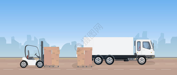 装货物路上停着一辆卡车和一个装着纸板箱的托盘 叉车抬起托盘 工业叉车插画