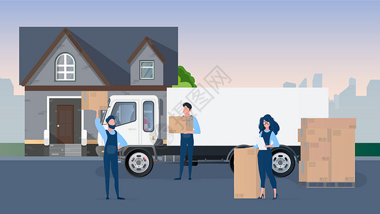 新家的素材从家里搬家 将货物装载到汽车中 搬运工搬运箱子 移动和交付的概念 卡车叉车叉车 向量插画