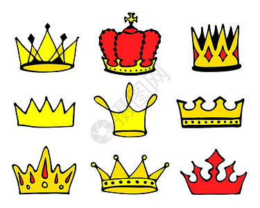 金领冠素描冠集合 涂鸦公主皇冠图标 矢量图女孩墨水珠宝女王王座国王奢华报酬收藏生日设计图片