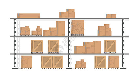 纸箱子带盒子的架子 运输货物的箱子 仓库交付和运输的设计元素插画