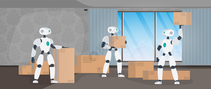 可爱的纸箱机器人搬家横幅 搬到一个新的地方 一个白色机器人拿着一个盒子 纸箱 未来使用机器人运送和装载货物的概念 向量吉祥物纸盒送货乐趣货运家庭设计图片
