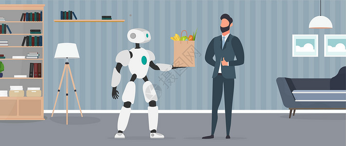机器人手里拿着一个袋子 里面装着杂货 机器人送餐 商务人士现身拇指 未来交付概念 网上购物 向量人士运输顾客营养产品经理卡通片服插画
