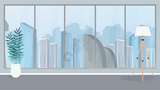 全景窗户空荡荡的办公室 有一扇全景大窗户 适合业务设计 向量插画