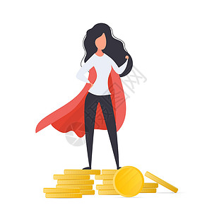女英雄一个穿着红色斗篷的女孩站在金币山上 超级英雄的女人 孤立 向量设计图片