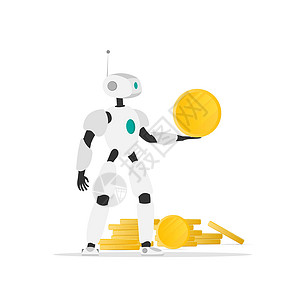 阿戈拉机器人拿着一枚金币 金币的戈拉 未来挖掘被动收入的概念 孤立 向量设计图片