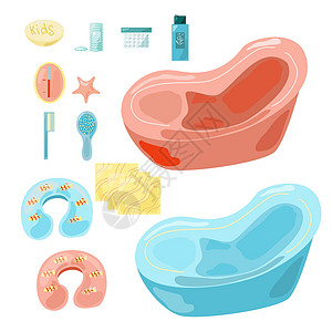 儿童配件沐浴婴儿的浴盆和用品及其卫生插画
