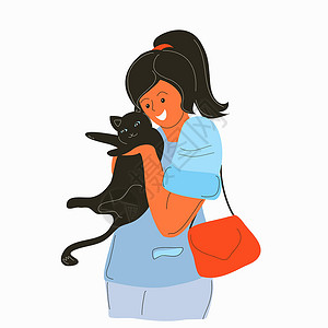 黑猫手手臂上抱着一只黑猫的女孩插画