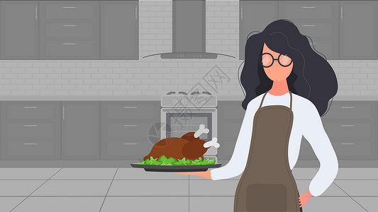 一位美丽女人一位女性手里拿着一只烤火鸡 一个围着厨房围裙的女孩拿着一只炸鸡 适合烹饪主题的横幅和文章 向量餐饮服务女士海报食物油炸厨师黑发火设计图片