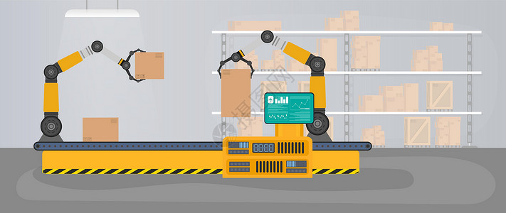 染污物带机械臂的自动输送线 有箱子和板台的生产仓库插画