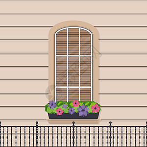 半圆形窗户 花朵呈扁平状 带百叶窗的窗口 向量木头建筑学盒子网格框架金属建筑古董窗台玻璃背景图片