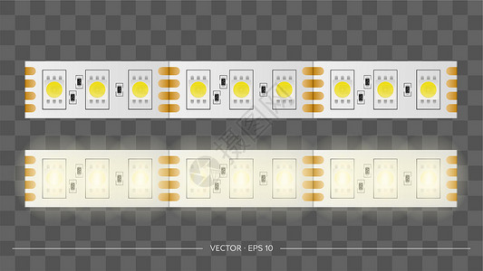 led驱动电源燃烧的 LED 灯带 特写 LED 灯带特写 现实矢量丝带家具照明发射电子灯泡芯片磁带电气活力插画