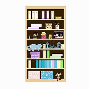 小物件素材有书和其他小物件的书柜和boxe设计图片