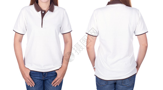 穿着白色白马球衬衫的女子 在白色背景上被孤立衣服小样身体广告女性女士棉布空白女孩马球背景图片