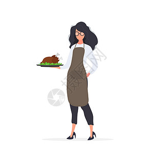 拿着食物女人女厨师手里拿着一只烤火鸡 一个围着厨房围裙的女孩拿着一只炸鸡 孤立 向量插画
