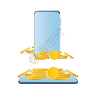 湖北大悟三爪山有金币的智能手机 电话山的硬币 现金返还和手机银行的概念 孤立 向量展示报酬白色空白银行业金子飞行支付插图黄色设计图片