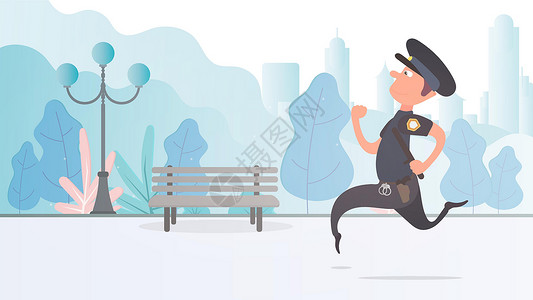 公园地一名警察穿过公园 安全和安保概念 卡通风格 向量卡通片跑步权威执法犯罪头发服务工作市政男性设计图片