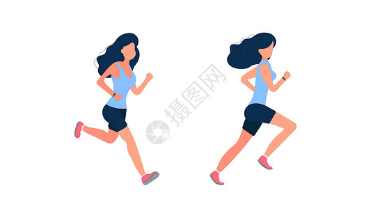 女士纯棉恤女孩在跑 穿着短裤和 T 恤的女孩正在慢跑 孤立 向量活动女性竞技训练耳机速度运动音乐插图日出插画