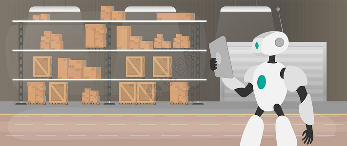 仓库机器人生产仓库中的机器人 机器人拿着平板电脑 货物运输和装载的未来概念 带抽屉和托盘的大型仓库 向量电子人贮存组织工厂途径纸板库存进步插画