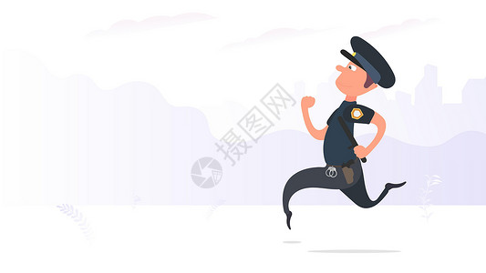 警察和警犬一名警察穿过公园 安全和安保概念 卡通风格 向量头发职业巡逻员男性市政跑步法律服务风险犯罪设计图片