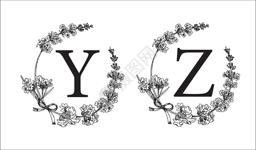 花环设计素材YZ 字母 设置现代手绘雕刻素描插图 薰衣草花环与字母组合 婚礼装饰的好主意 老式矢量印刷会徽标志标签设计设计图片