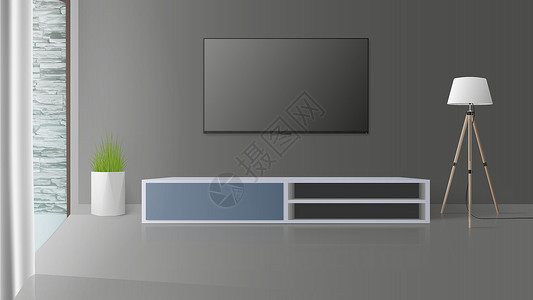 视频墙灰色墙上的电视 特写 TVa 长阁楼床头柜 矢量图屏幕监视器插图房间材料椅子桌子风格装饰房子插画