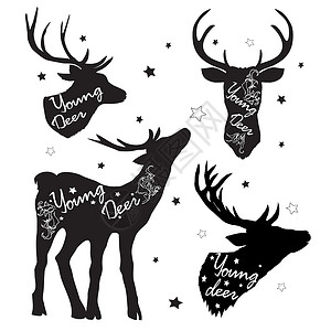 黑色动物剪影鹿与大它制作图案动物驯鹿野生动物木材哺乳动物白色阴影艺术荒野成人设计图片