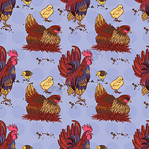 无缝背景与手绘公鸡和鸡动物派对咕嘟八字艺术成人收藏母鸡织物创造力背景图片