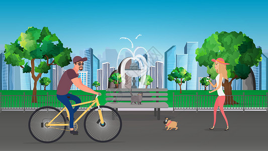 城央公园矢量图的夏季城市公园 一个带狗的女孩在公园散步插画