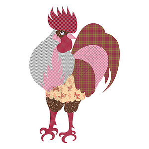 孤立在白色背景上的装饰程式化手绘公鸡插图动物家庭母鸡八字农业日历织物收藏艺术背景图片