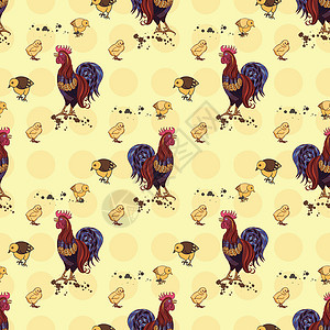 无缝背景与手绘公鸡和鸡家庭十二生肖农业艺术咕嘟织物唱歌食物成人母鸡背景图片