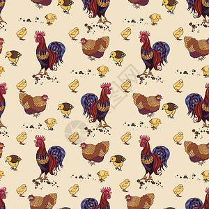 无缝背景与手绘公鸡和鸡收藏食物母鸡唱歌成人动物织物十二生肖创造力农场背景图片