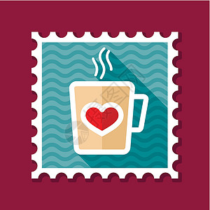 婚礼用茶杯含心和蒸汽薄线印章的茶杯贴纸邮票标签咖啡店早餐邮戳婚姻食物婚礼咖啡插画