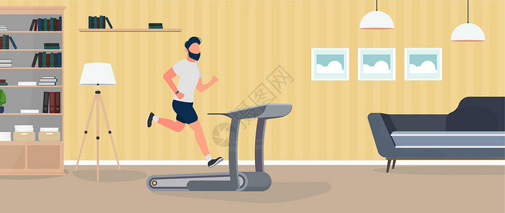 这家伙在跑步机上跑步 一个人正在模拟器上慢跑 运动和健康生活方式的概念 向量公寓插图家具房间身体男人女性机器团体商业插画