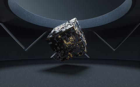 具有暗 room3d 渲染的立方体和材料技术晶体管半导体多边形正方形电路网格化几何学计算芯片背景