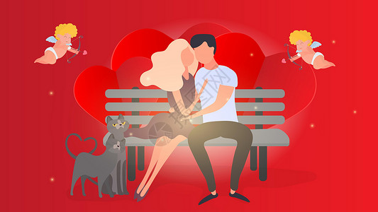 女丘比特恩爱夫妻依偎在长凳上 红旗  以情人节为主题的设计元素 向量插画