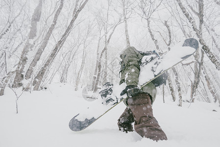 在冬季森林中行走的滑雪运动员背景图片
