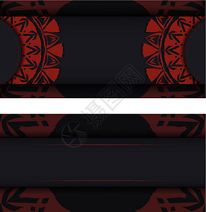 矢量邀请卡模板与地方为您的文本和抽象装饰 带有红色希腊装饰品的黑色明信片的奢华设计背景图片