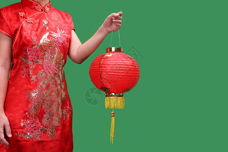 灯笼视频素材女人在绿屏上拿着中国新年灯笼背景
