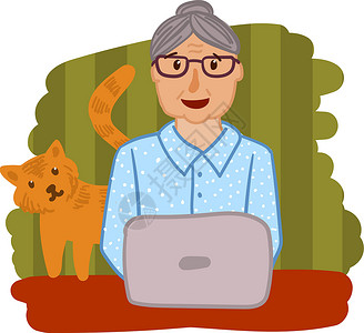 女人和猫有膝上型计算机的愉快的祖母 手绘美丽的矢量图和祖母电脑培训班咖啡老年宠物商业奶奶技术退休卡通片插画